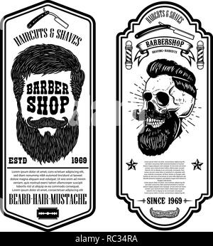 Friseur flyer Vorlage. Friseur der Schädel und Tools auf grunge Hintergrund. Design Element für Wappen, Zeichen, Poster, Plakat, Karte, Banner. Vector Illustration Stock Vektor