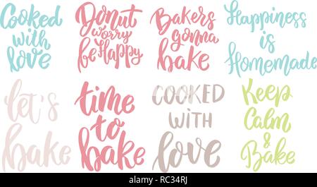 Zeit zu backen, Donut sorgen, glücklich sein mit Liebe gekocht. Schriftzug Phrase auf weißem Hintergrund. Design Element für Poster, Karten, Banner. Vektor illustrati Stock Vektor