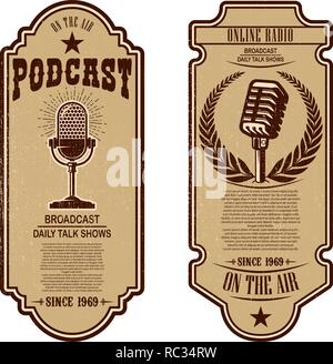 Satz von Vintage podcast, Radio Flyer mit Mikrofon. Design Element für Logo, Label, Zeichen, Emblem, Poster. Vector Illustration Stock Vektor