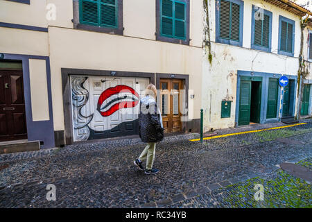 Lackierte Türen entlang der Rue De Santa Maria, Funchal, Madeira Stockfoto