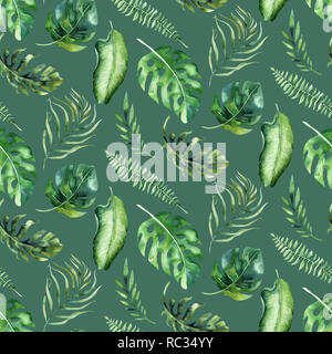 Nahtlose aquarell Muster der tropische Blätter, Aloha Dschungel Dekoration. Von Hand bemalt palm leaf. Textur mit Tropic Sommer als Hintergrund verwendet, Geschenkpapier, Textil oder Wallpaper Design. Stockfoto