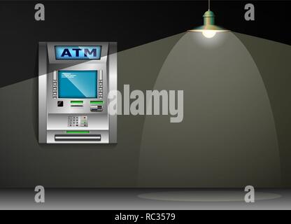 ATM-Geldautomaten. Graue Wand. Metall Laterne. Hohe Detailtreue. 3D Stock Vektor