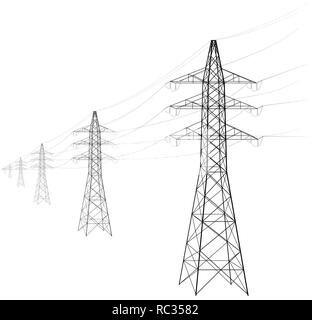 Oberleitung. Eine Anzahl von Elektro-Traufe in die Ferne abfliegen. Getriebe und die Lieferung von Elektrizität. Die Beschaffung für einen Artikel über die Stock Vektor