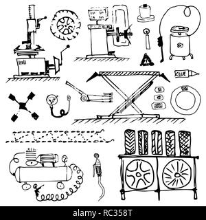 Schwarz Weiß doodle. Reifenservice und Reifen reparieren. Auswuchten und Montage. Saisonalen Reifenwechsel Stock Vektor