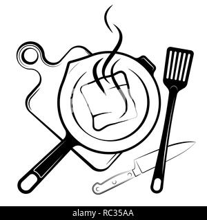 Logo für das Menü oder Restaurant. Pfanne und Schaufel zum Braten. Schwarz-weiß-Zeichnung Stock Vektor