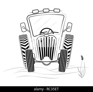 Schwarz und Weiß Traktor Profil in das Feld ein. Eine lustige Zeichnung. Feder arbeiten oder Ernte. Weißer Hintergrund. Stock Vektor