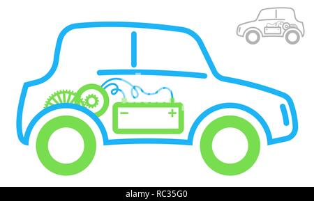 Das Zeichen des Elektrofahrzeugs. Grün und Blau Konturen. Motor und Batterie. Modernen ökologischen Transport Stock Vektor