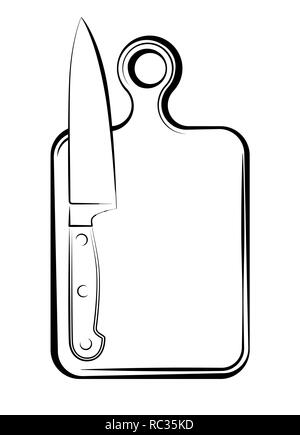 Ein scharfes Messer und ein Schneidebrett in der Küche des Restaurant. Schwarz-weiss Logo leer. Der Prozess des Kochens. Stock Vektor