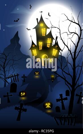 Halloween Hintergrund mit Haunted House, Gräber, Wald und Vollmond Stock Vektor