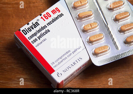 Caracas, Capital District/Venezuela - 08 12 2018: Valsartan (Diovan, Novartis International AG) wird hauptsächlich für die Behandlung von Bluthochdruck, Herzinsuffizienz Stockfoto