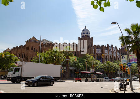 Außenansicht des Detail auf der Plaza de Toros Monumental (Stierkampfarena) in Barcelona - Katalonien, Spanien Stockfoto