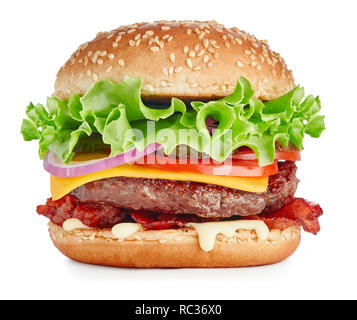 Single frische Burger mit Käse und Speck auf weißem Hintergrund Stockfoto