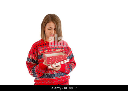 Porträt der unglückliche Frau Eröffnung Geschenkbox Stockfoto