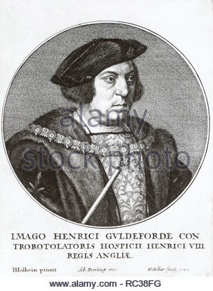 Sir Henry Guildford Portrait, KG, 1489-1532, war ein englischer Höfling der Herrschaft von Heinrich VIII., Meister des Pferdes und Comptroller des königlichen Haushalts, Radierung von Böhmische Kupferstecher Wenzel Hollar von 1647 Stockfoto