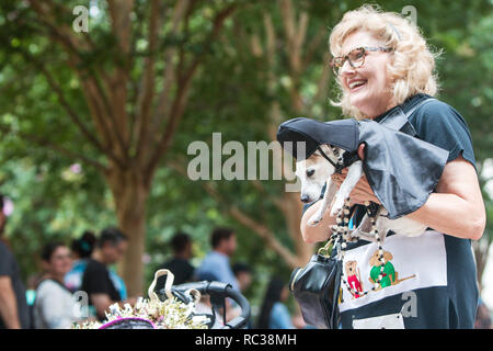 Eine Frau trägt eine kleine Hund gekleidet wie Darth Vader aus Star Wars, wie Sie und Ihr Hund in der Doggy Con teilnehmen, einen Hund Kostümwettbewerb in Atlanta, GA. Stockfoto