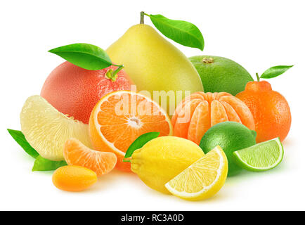 Isolierte Zitrusfrüchte. Orange, Grapefruit, Zitrone, Mandarine, kumquat, Kalk und pomelo in einem bunten Haufen auf weißem Hintergrund mit clippi Stockfoto