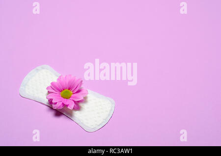 Woman's Sanitär Pad und Gerbera Daisy Flower auf rosa Hintergrund, Feminine Hygiene Konzept Stockfoto