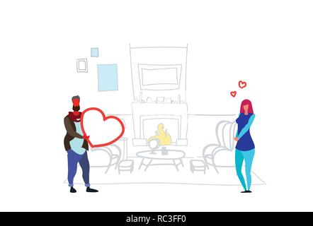 Mann, Frau Herzform happy valentines Tag Urlaub Konzept Paar in Liebe über die eingerichtete Kamin Home Interior Skizze doodle horizontal Stock Vektor