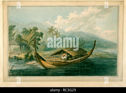 Kanu von Raiatea, [ganzen] ein Kanu von Ulietea [Raiatea]. Ein Mann, mit nativer Körbe, sitzt auf den Planken eines Outrigger' pahi, das mit einem Strohdach. Der Kopf und Heck sind durch eine geschnitzte sitzt Ti'i Abbildung überwunden. Im Hintergrund sind Kanus Strände an der Küste. November 1777 Bild von Zeichnungen von John Webber ausgeführt, während die dritte Reise von Captain Cook, 1777-1779. Ursprünglich veröffentlicht in Raiatea produziert; 1777. Illustriert von John Webber. Museum: British Library. Stockfoto