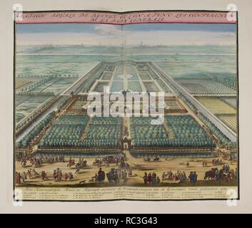 Das königshaus von Rijswijk, wo der Konferenzen für den allgemeinen Frieden gehalten wurden (1697). Dieser Blick auf den Palast ist aus dem Süden, die Dächer von Delft (wo die französische Delegation untergebracht waren) im Hintergrund. Es zeigt den Moment, in dem der Trainer der Alliierten (links), Mediator (Mitte) und die Franzosen (rechts) mit ihren Suiten gleichzeitig überquert den Kanal, in dem sich der Palast für einen anderen Tag der Verhandlungen. Im Vordergrund lokale Bürger durch den Kanal in der Umgebung der Anlage die Botschafter begrüßen zu warten. . 1697. Quelle: Maps. C.9. e.8. (70). Sprache: Holländisch. Autor: VIANEN, Stockfoto