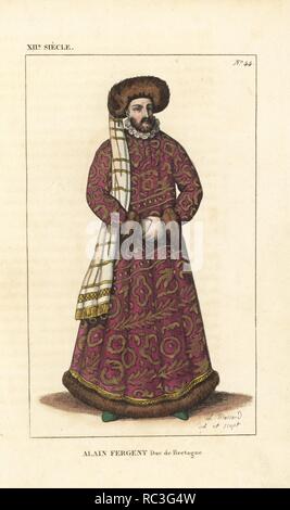 Alan IV., Herzog von Bretagne, starb 1119. Er trägt die orientalischen Stil durch viele Kreuzfahrer angenommen: ein Turban, langen bestickten Schal, Pelz-Brocade robe gesäumt und grüne Schuhe. Von einem Gemälde in der Abtei Redon, Bretagne, die sich heute in der Bibliothèque Royale. Papierkörbe Kupferplatte gezeichnet und von Leopold Massard vom "französischen Kostüme von König Chlodwig bis in unsere Tage eingraviert, "Massard, Mifliez, Paris, 1834. Stockfoto