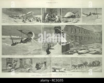 Der grosse Schneesturm, Sturm und Flut. Szenen von Schwierigkeiten in London, durch extreme Wetter verursacht. . Die Grafik. 29. Januar 1881. Quelle: Die Grafik, Seite 104 - 105. Sprache: Englisch. Stockfoto