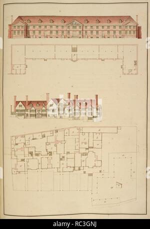 Vordere Aufriss und Grundriss der Royal Navy Gebäude in Deptford. Royal Naval dockyards. . "Eine Erhebung und Beschreibung der wichtigsten Häfen... Eine Übersicht und Beschreibung der wichtigsten Häfen mit ihrer Unterkünfte und Annehmlichkeiten für Errichtung, moaring, secureing und Einbau der Marine Royall von England... von allgemeine Pläne und korrekten Ansichten oder Perspektiven von jedem Ort dargestellt. . . Mit einem Konto der emprovements, die bei jeder Hof seit der Revolution 1688', wurden bis 1698 gezeichnet. Die Ansichten werden ordentlich gezeichnet, und viele der Pläne sind im großen Maßstab. Quelle: Könige 4 Stockfoto