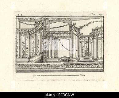 Wandmalerei in Resina ausgegraben, einem langen, zügelloser architektonischen Design voller Kandelabern, Rotunden, dünne Spalten oder Calami, Hakenförmigen harpaginetuli usw. Kupferstich von Tommaso Piroli aus seiner eigenen'Antichita di Ercolano" (altertümer von Herculaneum), Rom, 1789 eingraviert. Italienischen Maler und Kupferstecher Piroli (1752-1824) veröffentlicht sechs Bände zwischen 1789 und 1807 dokumentieren die Wandmalereien und Bronzen in Heraculaneum und Pompeji gefunden. Stockfoto