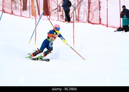 Quebec, Kanada. 13. Jan 2019. Hayley Conrad von Kanada konkurriert in der Super Serie Sports Experts Damen slalom Rennen in Val Saint-Come Kredit statt: Richard prudhomme/Alamy leben Nachrichten Stockfoto