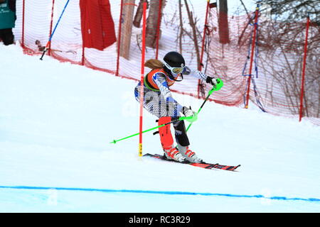 Quebec, Kanada. 13. Jan 2019. Charlotte Heward von Kanada konkurriert in der Super Serie Sports Experts Damen slalom Rennen in Val Saint-Come Kredit statt: Richard prudhomme/Alamy leben Nachrichten Stockfoto