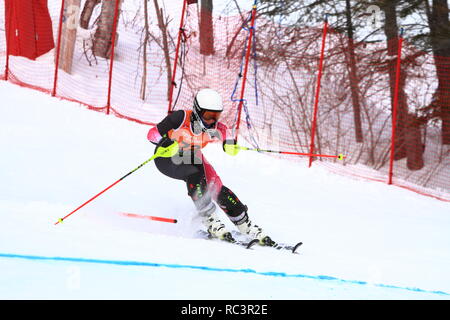 Quebec, Kanada. 13. Jan 2019. Flavie Drolet von Kanada konkurriert in der Super Serie Sports Experts Damen slalom Rennen in Val Saint-Come Kredit statt: Richard prudhomme/Alamy leben Nachrichten Stockfoto