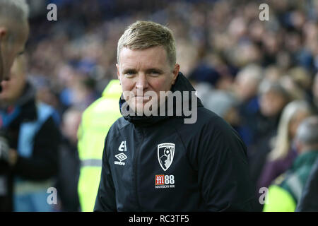 Liverpool, Großbritannien. 13 Jan, 2019. Bournemouth Manager Eddie Howe an schaut. Premier League match, Everton v AFC Bournemouth im Goodison Park in Liverpool am Sonntag, den 13. Januar 2019. Dieses Bild dürfen nur für redaktionelle Zwecke verwendet werden. Nur die redaktionelle Nutzung, eine Lizenz für die gewerbliche Nutzung erforderlich. Keine Verwendung in Wetten, Spiele oder einer einzelnen Verein/Liga/player Publikationen. pic von Chris Stading/Andrew Orchard sport Fotografie/Alamy Live news Credit: Andrew Orchard sport Fotografie/Alamy leben Nachrichten Stockfoto