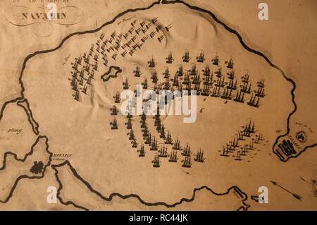 Griechischen Unabhängigkeitskrieg (1821-1830) die Seeschlacht von Navarino (20. Oktober 1827) in die Bucht von Navarino (jetzt Pylos), auf dem Peloponnes. Eine Kombination aus Frankreich, Russland und Großbritannien Seestreitkräfte gewann die Turkish-Egyptian Flotte von Sultan Ibrahim. Stockfoto