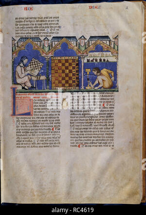 LIBRO DE JUEGOS O LIBRO DEL AJEDREZ DADOS Y TABLAS - 1283 - FOLIO 3R-Y CONSTRUCCION DE TABLEROS FICHAS DE AJEDREZ - MANUSCRITO GOTICO. Autor: Alfons X. von Kastilien. Lage: MONASTERIO - BIBLIOTECA - coleccion. SAN LORENZO DEL ESCORIAL. MADRID. Spanien. Stockfoto