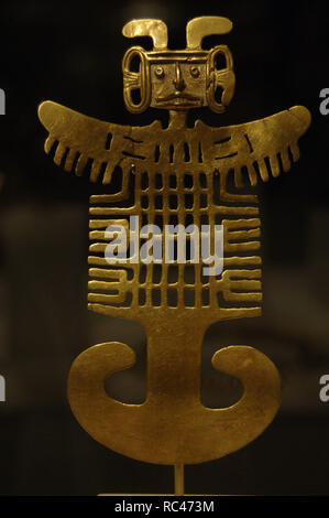 Präkolumbische Kunst Kolumbien. Kostümierte Abbildung Anhänger. 1.-7. Gold. Tolima Kultur. Metropolitan Museum of Art New York. In den Vereinigten Staaten. Stockfoto