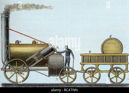 Die Rakete. Lok, die von britischer Ingenieur und Erfinder George Stephenson (1781-1848). Es war die Erste, die unterwegs war, mit der Fluggäste zwischen Liverpool und Manchester (1830), bei einer durchschnittlichen Geschwindigkeit von 30 km/h. 19.-Jahrhundert Gravur. Gefärbt. Stockfoto