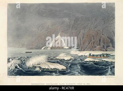 Expedition Verdoppelung Kap Barrow, 25. Juli 1821. Erzählung einer Reise an die Ufer des Polar. London: John Murray, 1823. Expedition Verdoppelung Kap Barrow, 25. Juli 1821. Erzählung einer Reise an die Ufer des Polar Sea, in den Jahren 1819, 20, 21 und 22... London: John Murray, 1823. . Quelle: 569. w. 16, Seite 366. Thema: FINDEN, Edward. FRANKLIN, John. Zurück. Stockfoto