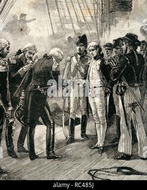 Horatio Nelson (1758-1805). Britischer Vizeadmiral. Schlacht von Kap St. Vincent. Lieferung von Schwertern, Nelson, 1797. Gravur. Stockfoto
