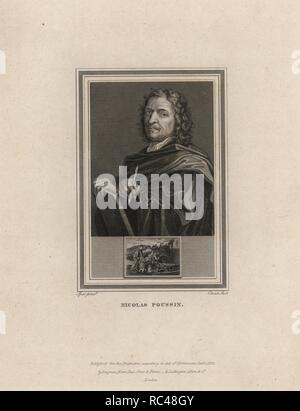 Self Portrait von Nicolas Poussin (1594-1665), französischer Maler, Landschaft und Geschichte gezeigt mit Buch und Stift. Erste Maler in gewöhnlichen an König Louis XIII. Stahlstich von John Ecke von "Porträts von berühmten Malern mit Medaillons aus ihre besten Leistungen" 1825. Stockfoto