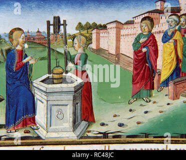 Jesus fragt eine Samariterin von Sychar für Wasser von Jacob's Gut. Codex von Predis (1476). Königliche Bibliothek. Turin. Italien. Stockfoto