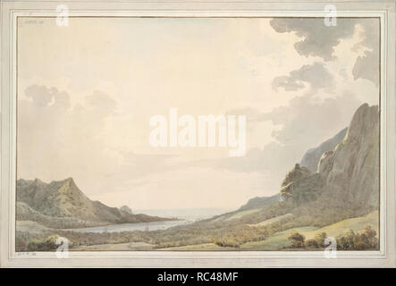 Ein Blick auf papetoai Bay, Moorea, [ganzen]. Eine Ansicht von Aimeo Hafen [Papetoai Bay,] mit Blick auf das Meer; die Masten der 'Auflösung' und die 'Entdeckung' sind in der Bucht sichtbar. Captain Cook Moorea besuchte im Oktober 1777. Bild aus den Zeichnungen von John Webber ausgeführt, während die dritte Reise von Captain Cook, 1777-1779. Ursprünglich in Moorea, 1777 produziert. Illustriert von John Webber. Museum: British Library. Stockfoto