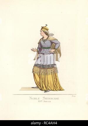 Edle Frau von Siena, in den luxuriösen goldenen Krone, Silber Halskette und Fransen violett Kleid, nach einem Gemälde von Domenico Bartoli, aus dem 14. Jahrhundert. Papierkörbe Abbildung gezeichnet und Lithographiert von Paul Mercuri mit Text von Camille Bonnard von 'Historische Kostüme aus dem 12. bis 15. Jahrhundert, "Abschöpfung Fils, Paris, 1861. Stockfoto