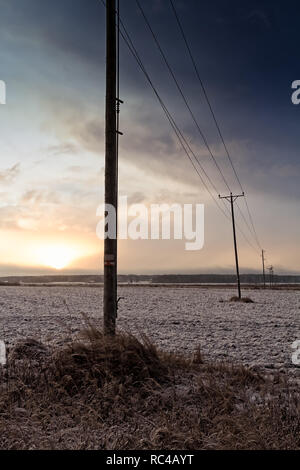 Der Winter Sonne über dem eisigen Felder der ländliche Raum im Norden Finnlands. Die alten Telefonleitungen über die Felder. Stockfoto