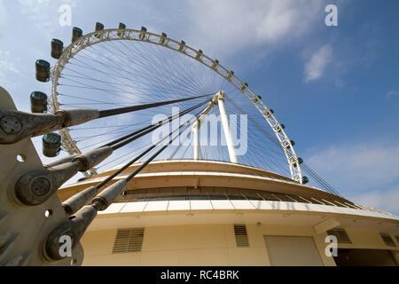 Singapore Flyer, ein gigantisches Riesenrad in Singapur, einst der größte mit einer Höhe von 165 Meter, gesehen von unten an einem sonnigen Tag. Stockfoto