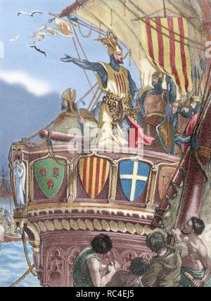 James I der Eroberer (1208-1276). Graf von Barcelona und König von Aragon (1213-1276), Valencia (1239-1276) und Mallorca (1229-1276). Expedition nach Mallorca. 19. jahrhundert Kupferstich, koloriert. Stockfoto