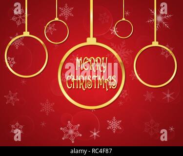 Festliche Hintergrund rot mit goldenen Weihnachtskugeln und Frohe Weihnachten Text. Vector Illustration. Begrüßung Stock Vektor
