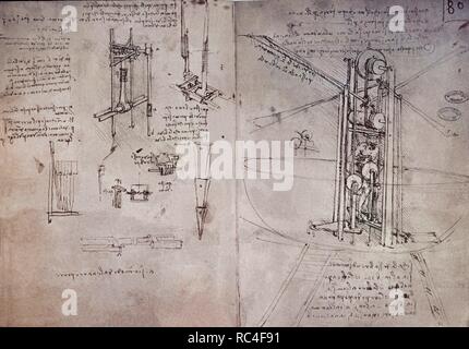 Zeichnungen von Diagrammen von fliegenden Maschinen des 16. Jahrhunderts - italienische Renaissance. Autor: LEONARDO DA VINCI. Lage: National Library. Frankreich. Stockfoto