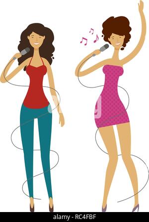 Sänger oder schöne Mädchen singen ein Lied in ein Mikrofon. Karaoke, Songs, Musik Konzept. Cartoon Vector Illustration Stock Vektor