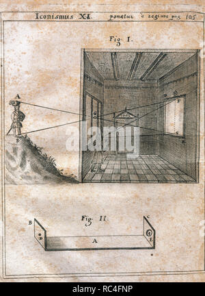 Geschichte der Fotografie. Kamera verdecken. Magia naturalis Sive de Miraculis Rerum Naturalium (1558) von Giambattista Della Porta (1535-1615). Gravur. Edition von 1659. Bibliothek von Katalonien. Barcelona. Spanien. Stockfoto