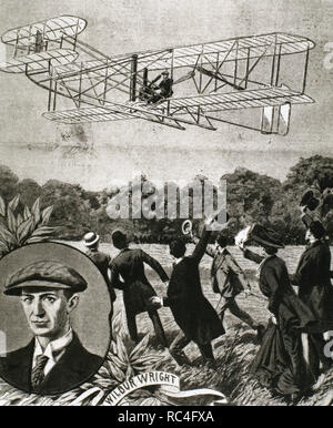 Wilbur Wright (1867-1912). Amerikanische Flieger. Mit seinem Bruder wird die Erfindung und erste erfolgreiche Flugzeug der Welt gutgeschrieben. Flugzeug fliegt über das Feld Anvours (Frankreich) mit einer Geschwindigkeit von 80 km/h. 1908. Abbildung. Stockfoto